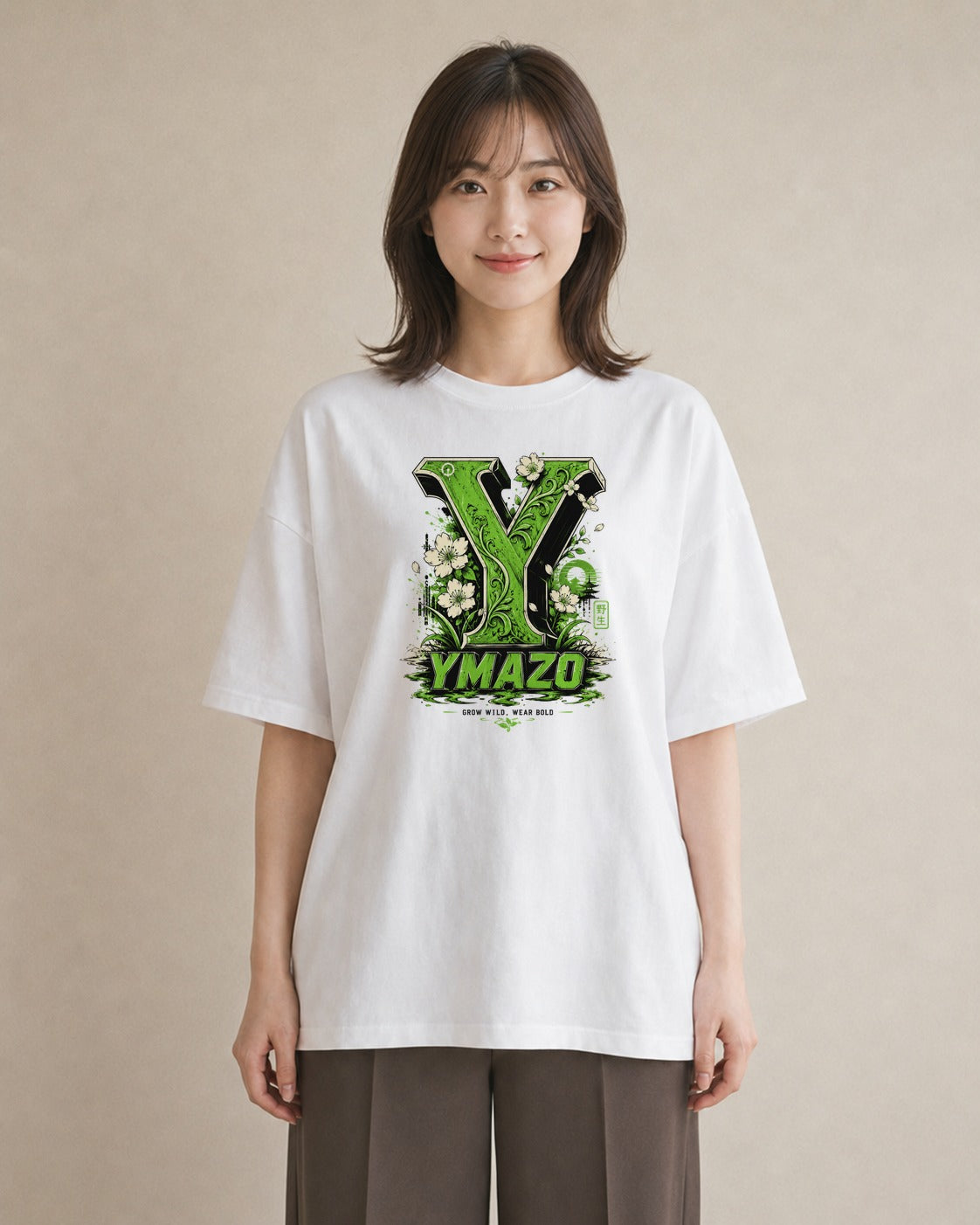 【受注生産】YMAZO Tシャツ レディース 半袖 オーバーサイズ いちご イチゴ 苺 ストロベリー フルーツ 白T 綿100% ホワイト M L 韓国っぽい フェミニン くすみカラー カジュアル デイリー ギフト｜Y字ロゴ（大きめプリント