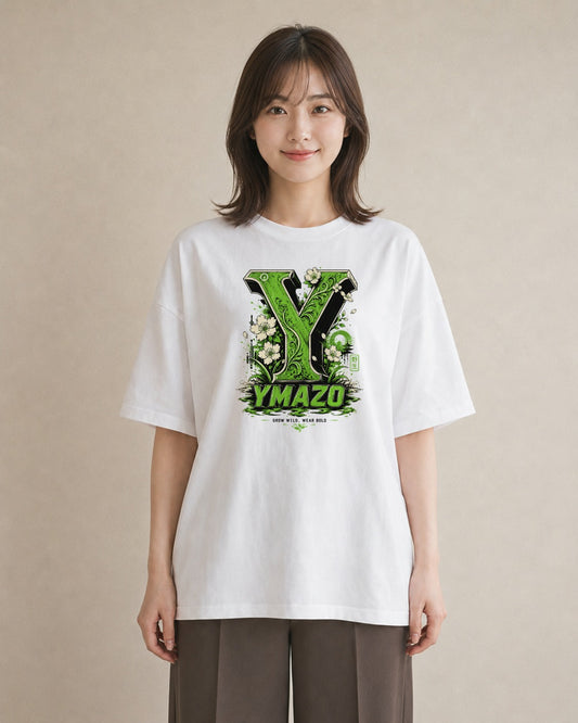 【受注生産】YMAZO Tシャツ レディース 半袖 オーバーサイズ いちご イチゴ 苺 ストロベリー フルーツ 白T 綿100% ホワイト M L 韓国っぽい フェミニン くすみカラー カジュアル デイリー ギフト｜Y字ロゴ（大きめプリント