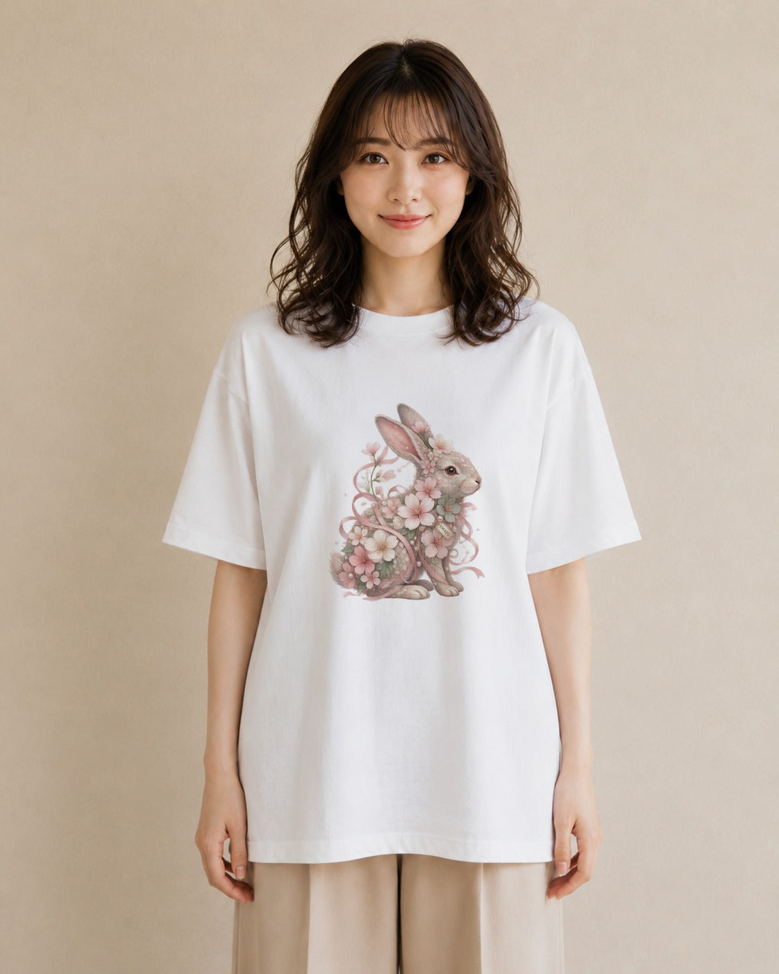 花うさぎ｜水彩さくら 半袖Tシャツ レディース