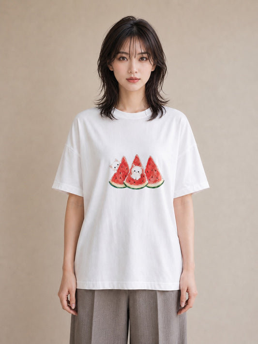 【受注生産】YMAZO Tシャツ レディース 半袖 オーバーサイズ 猫 ねこ ネコ キャット 猫柄 白T 綿100% ホワイト M L 韓国っぽい 水彩 ナチュラル お出かけ 推し活 2026新作 春夏 父の日｜どうぶつ日和（大きめプリント