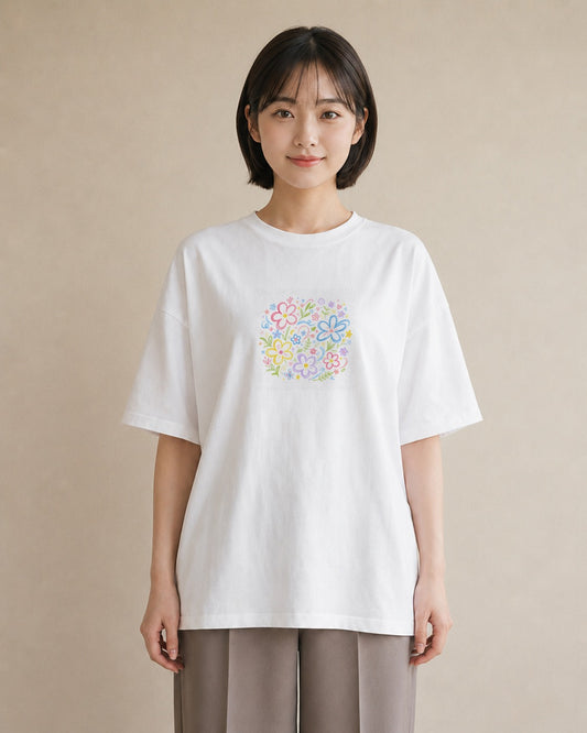 【受注生産】YMAZO Tシャツ レディース 半袖 ビッグT 花柄 フローラル ボタニカル 花 ブーケ 白T 綿100% ホワイト M L 手描き 韓国っぽい フェミニン 通勤 デート プレゼント 春夏 初夏｜花便り（大きめプリント 20×