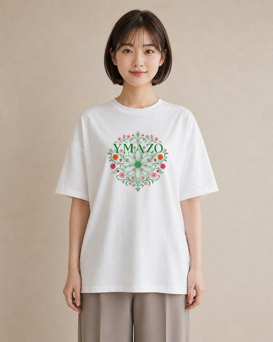 【受注生産】YMAZO Tシャツ レディース 半袖 オーバーサイズ 花柄 フローラル ボタニカル 花 ブーケ 白T 綿100% ホワイト M L ニュアンス 韓国っぽい フェミニン カジュアル デート 父の日 初夏｜花便り（大きめプリント 