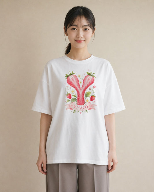 【受注生産】YMAZO Tシャツ レディース 半袖 オーバーサイズ いちご イチゴ 苺 ストロベリー フルーツ 白T 綿100% ホワイト M L 手描き 水彩 ナチュラル 推し活 お出かけ プレゼント 2026新作｜YMAZO art（大