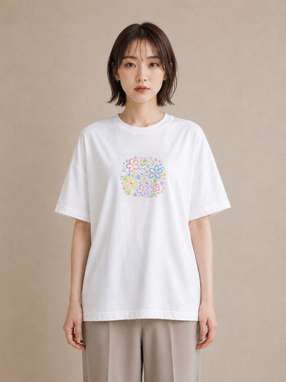 【受注生産】YMAZO Tシャツ レディース 半袖 ビッグT 花柄 フローラル ボタニカル 花 ブーケ 白T 綿100% ホワイト M L 手描き 韓国っぽい フェミニン 通勤 デート プレゼント 春夏 初夏｜花便り（大きめプリント 20×