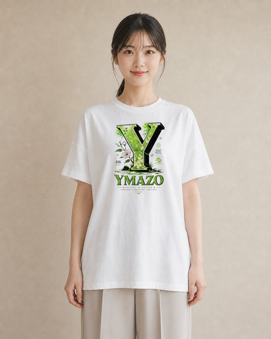 【受注生産】YMAZO Tシャツ レディース 半袖 オーバーサイズ 花柄 フローラル ボタニカル 花 ブーケ 白T 綿100% ホワイト M L ナチュラル フェミニン くすみカラー リンクコーデ お出かけ 初夏 プ｜Y字ロゴ（大きめプリン