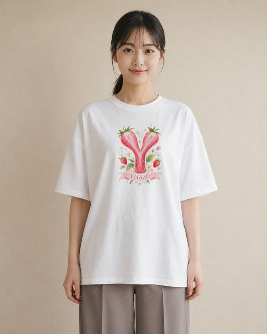【受注生産】YMAZO Tシャツ レディース 半袖 オーバーサイズ いちご イチゴ 苺 ストロベリー フルーツ 白T 綿100% ホワイト M L 手描き 水彩 ナチュラル 推し活 お出かけ プレゼント 2026新作｜YMAZO art（ス