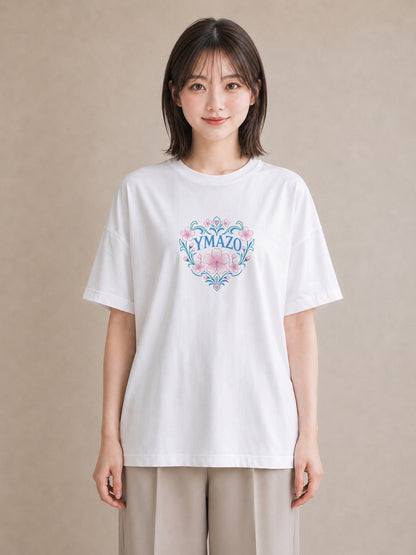 【受注生産】YMAZO Tシャツ レディース 半袖 ビッグT 花柄 フローラル ボタニカル 花 ブーケ 白T 綿100% ホワイト M L 水彩 手描き ナチュラル リンクコーデ 推し活 プレゼント 初夏 ギフト｜花便り（大きめプリント 2