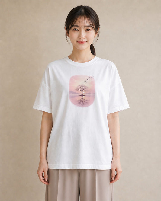 【受注生産】YMAZO Tシャツ レディース 半袖 ゆったり 鳥 小鳥 ことり バード とり 白T 綿100% ホワイト M L ニュアンス ナチュラル フェミニン お出かけ 推し活 初夏 父の日 プレゼント｜YMAZO art（スタンダー