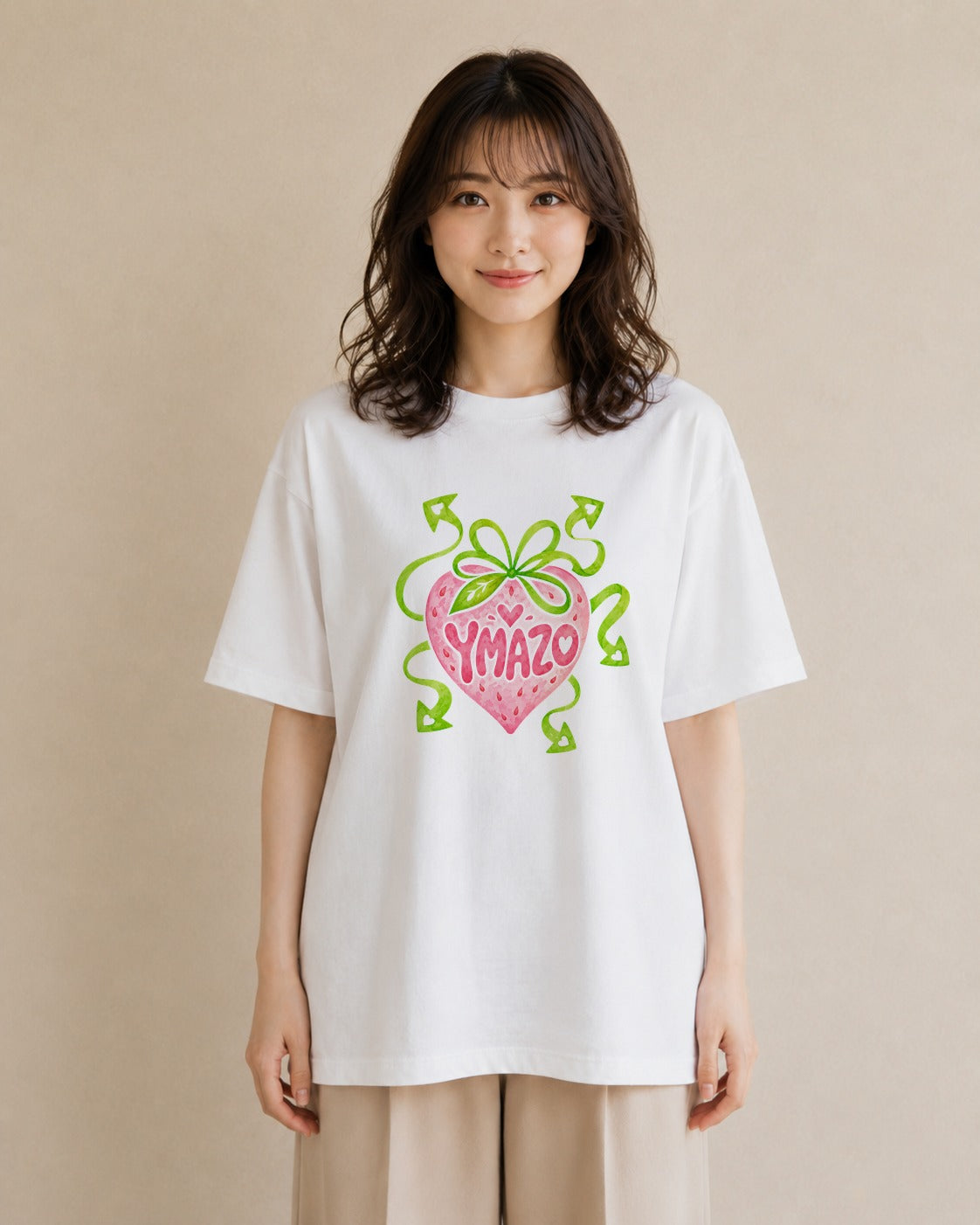【受注生産】YMAZO Tシャツ レディース 半袖 ビッグT いちご イチゴ 苺 ストロベリー フルーツ 白T 綿100% ホワイト M L くすみカラー 水彩 ナチュラル デート 通勤 父の日 2026新作 プレゼ｜ベリー（大きめプリント