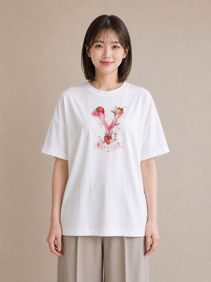【受注生産】YMAZO Tシャツ レディース 半袖 ゆったり いちご イチゴ 苺 ストロベリー フルーツ 白T 綿100% ホワイト M L フェミニン 水彩 韓国っぽい 通勤 推し活 初夏 春夏 ギフト｜イニシャルY（スタンダードプリント