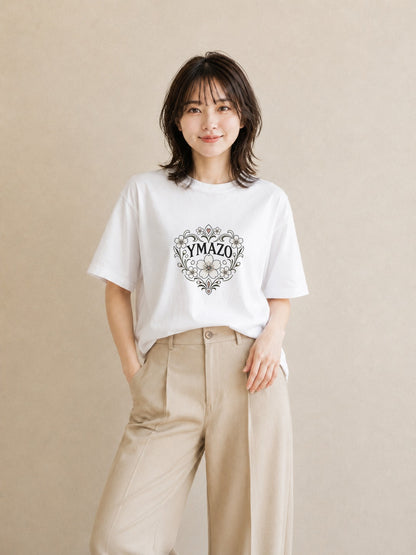 【受注生産】YMAZO Tシャツ レディース 半袖 オーバーサイズ 花柄 フローラル ボタニカル 花 ブーケ 白T 綿100% ホワイト M L 大人可愛い 手描き ナチュラル リンクコーデ お出かけ 父の日 春夏｜花あそび（大きめプリント