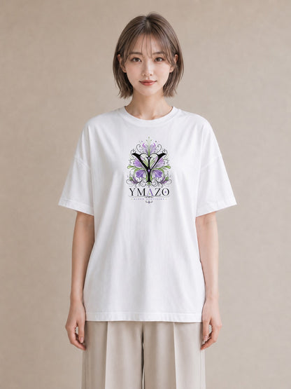 【受注生産】YMAZO Tシャツ レディース 半袖 ゆったり 蝶 ちょうちょ バタフライ 蝶々 花柄 白T 綿100% ホワイト M L 韓国っぽい 大人可愛い 手描き お出かけ リンクコーデ 春夏 プレゼント 初夏｜イニシャルY（大きめプ