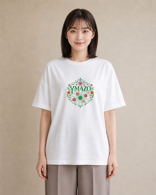 【受注生産】YMAZO Tシャツ レディース 半袖 ゆったり 花柄 フローラル ボタニカル 花 ブーケ 白T 綿100% ホワイト M L ニュアンス フェミニン 韓国っぽい 通勤 リンクコーデ ギフト 2026新作｜花あそび（スタンダード