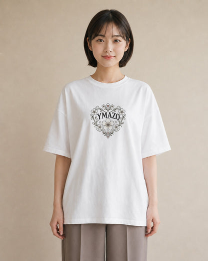【受注生産】YMAZO Tシャツ レディース 半袖 オーバーサイズ 花柄 フローラル ボタニカル 花 ブーケ 白T 綿100% ホワイト M L 大人可愛い 手描き ナチュラル リンクコーデ お出かけ 父の日 春夏｜花あそび（大きめプリント