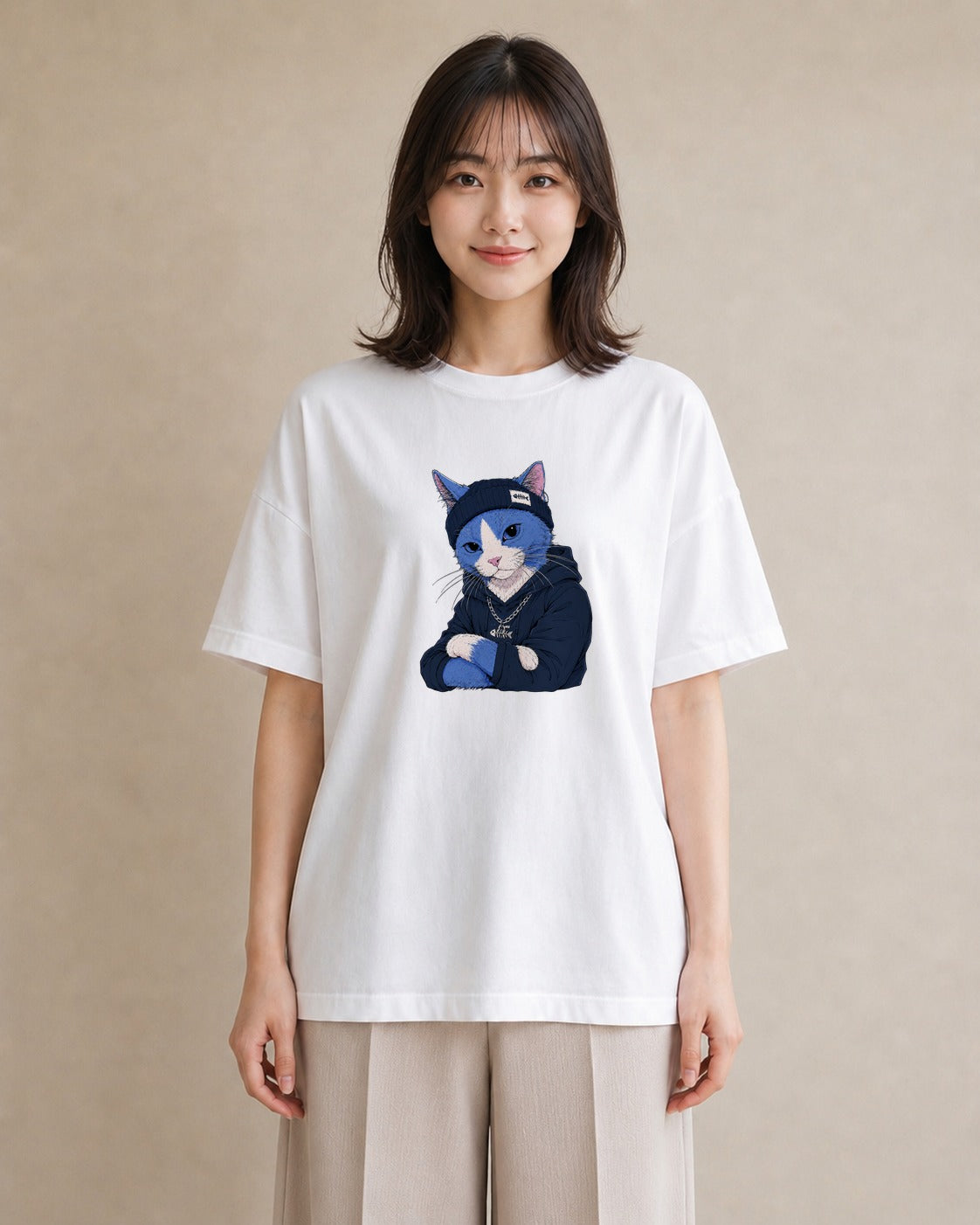 【受注生産】YMAZO Tシャツ レディース 半袖 ビッグシルエット 猫 ねこ ネコ キャット 猫柄 白T 綿100% ホワイト M L 韓国っぽい 手描き くすみカラー お出かけ デイリー 2026新作 父の日 初｜どうぶつ日和（大きめプ