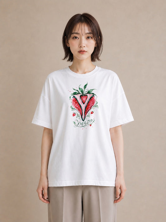 【受注生産】YMAZO Tシャツ レディース 半袖 オーバーサイズ いちご イチゴ 苺 ストロベリー フルーツ 白T 綿100% ホワイト M L ニュアンス くすみカラー ナチュラル デイリー 推し活 初夏 ギフト｜ベリー（大きめプリント