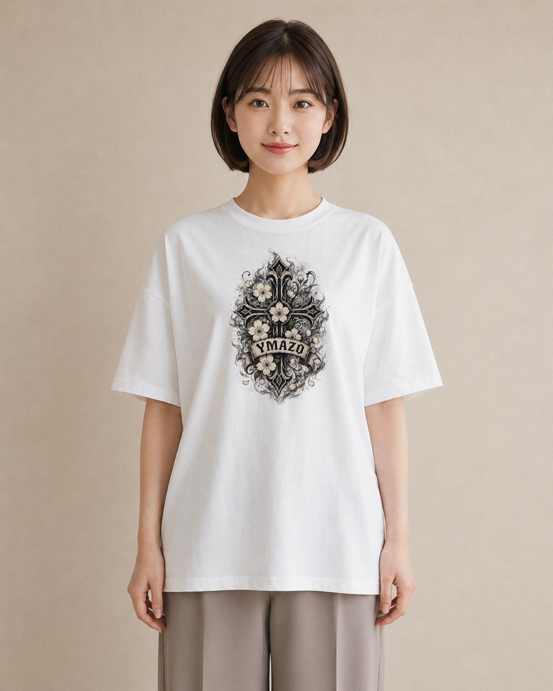 【受注生産】YMAZO Tシャツ レディース 半袖 ゆったり さくら 桜 チェリー サクラ 花 白T 綿100% ホワイト M L 大人可愛い ニュアンス フェミニン デート デイリー 初夏 父の日 春夏｜花あそび（大きめプリント 20×2