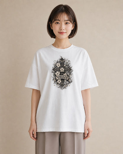 【受注生産】YMAZO Tシャツ レディース 半袖 ゆったり さくら 桜 チェリー サクラ 花 白T 綿100% ホワイト M L 大人可愛い ニュアンス フェミニン デート デイリー 初夏 父の日 春夏｜花あそび（大きめプリント 20×2