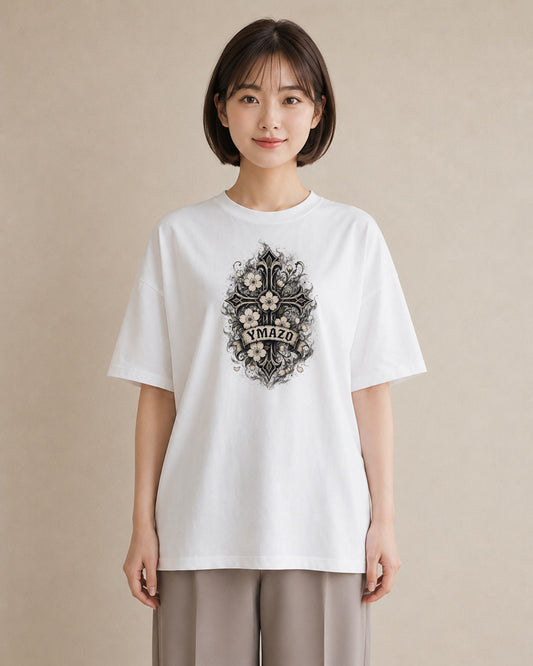 【受注生産】YMAZO Tシャツ レディース 半袖 ゆったり さくら 桜 チェリー サクラ 花 白T 綿100% ホワイト M L 大人可愛い ニュアンス フェミニン デート デイリー 初夏 父の日 春夏｜花あそび（大きめプリント 20×2