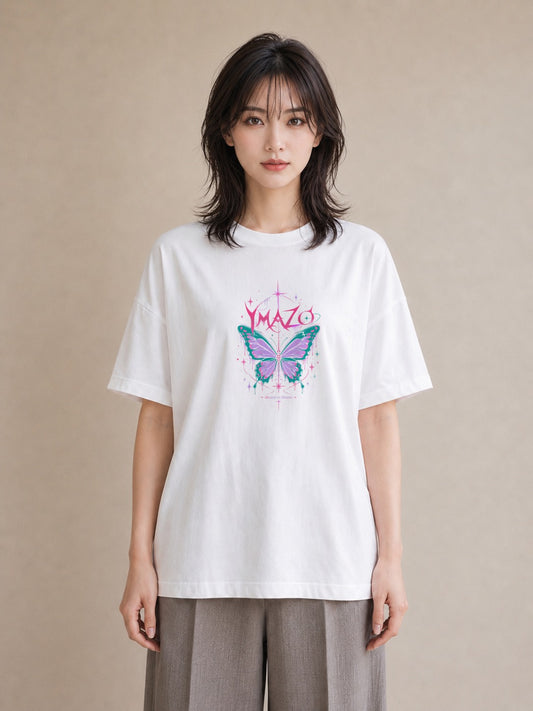 【受注生産】YMAZO Tシャツ レディース 半袖 オーバーサイズ 蝶 ちょうちょ バタフライ 蝶々 白T 綿100% ホワイト M L 大人可愛い ナチュラル 韓国っぽい カジュアル 推し活 プレゼント 春夏 父の｜どうぶつ日和（スタンダ