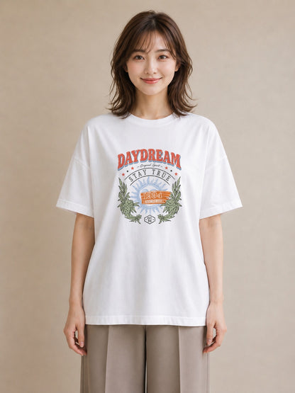 【受注生産】YMAZO Tシャツ レディース 半袖 ビッグシルエット 花柄 フローラル ボタニカル 花 ブーケ 白T 綿100% ホワイト M L ニュアンス 大人可愛い 手描き カジュアル デイリー 父の日 初夏｜花便り（大きめプリント 