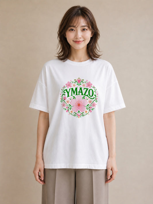 【受注生産】YMAZO Tシャツ レディース 半袖 オーバーサイズ 花柄 フローラル ボタニカル 花 ブーケ 白T 綿100% ホワイト M L くすみカラー 水彩 フェミニン デート お出かけ プレゼント ギフト｜花あそび（大きめプリント