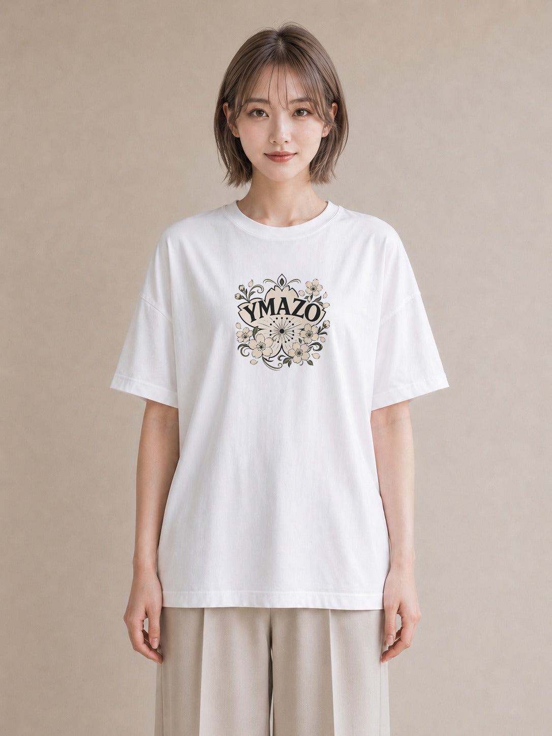 【受注生産】YMAZO Tシャツ レディース 半袖 ビッグシルエット 花柄 フローラル ボタニカル 花 ブーケ 白T 綿100% ホワイト M L 水彩 ニュアンス ナチュラル デイリー 推し活 ギフト 初夏 プレゼ｜花便り（大きめプリント