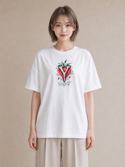 【受注生産】YMAZO Tシャツ レディース 半袖 オーバーサイズ いちご イチゴ 苺 ストロベリー フルーツ 白T 綿100% ホワイト M L ニュアンス くすみカラー ナチュラル デイリー 推し活 初夏 ギフト｜ベリー（スタンダードプ