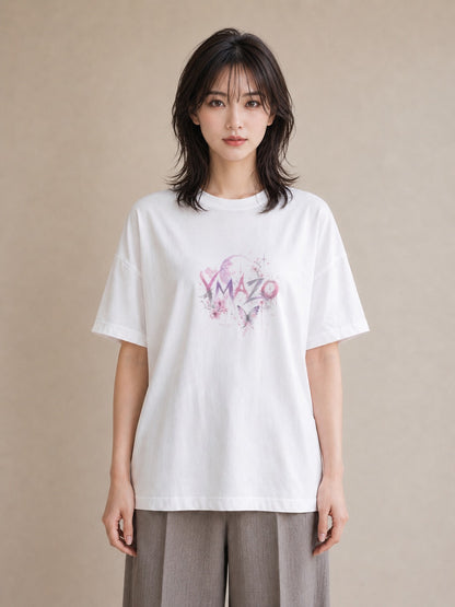 【受注生産】YMAZO Tシャツ レディース 半袖 ビッグT 蝶 ちょうちょ バタフライ 蝶々 さくら 白T 綿100% ホワイト M L ニュアンス 大人可愛い フェミニン 推し活 デート 初夏 プレゼント 父の日｜花あそび（スタンダード