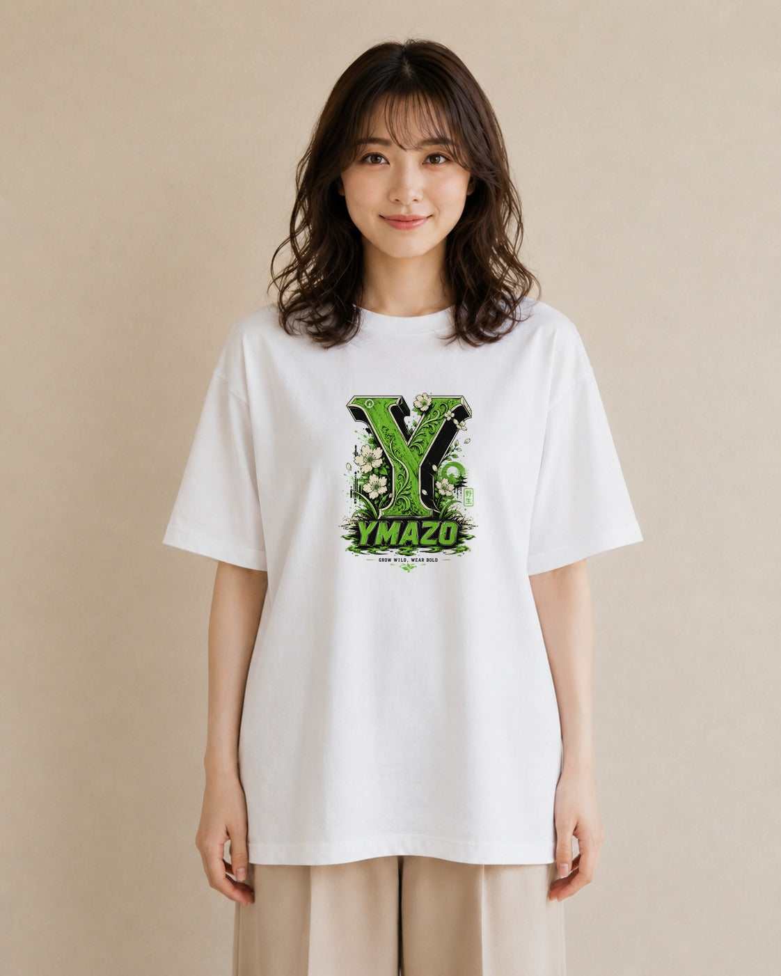 【受注生産】YMAZO Tシャツ レディース 半袖 オーバーサイズ いちご イチゴ 苺 ストロベリー フルーツ 白T 綿100% ホワイト M L 韓国っぽい フェミニン くすみカラー カジュアル デイリー ギフト｜Y字ロゴ（大きめプリント