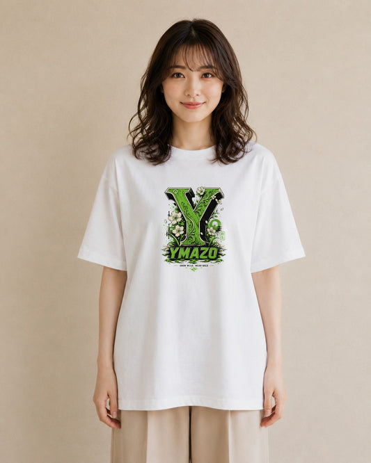 【受注生産】YMAZO Tシャツ レディース 半袖 オーバーサイズ いちご イチゴ 苺 ストロベリー フルーツ 白T 綿100% ホワイト M L 韓国っぽい フェミニン くすみカラー カジュアル デイリー ギフト｜Y字ロゴ（大きめプリント