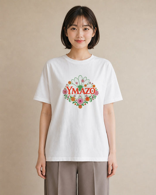 【受注生産】YMAZO Tシャツ レディース 半袖 オーバーサイズ 花柄 フローラル ボタニカル 花 ブーケ 白T 綿100% ホワイト M L 大人可愛い 手描き 韓国っぽい カジュアル デイリー プレゼント 初夏｜花あそび（大きめプリン