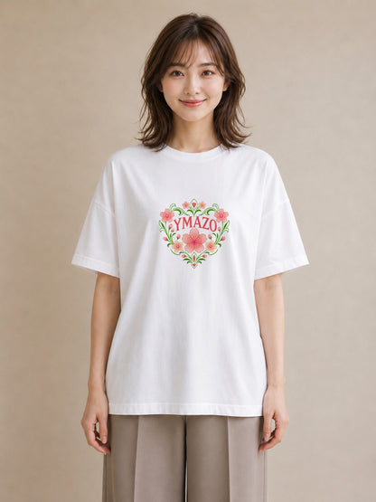 【受注生産】YMAZO Tシャツ レディース 半袖 ビッグT 花柄 フローラル ボタニカル 花 ブーケ 白T 綿100% ホワイト M L 手描き ニュアンス 大人可愛い お出かけ カジュアル 春夏 初夏 プレゼント｜花あそび（スタンダード