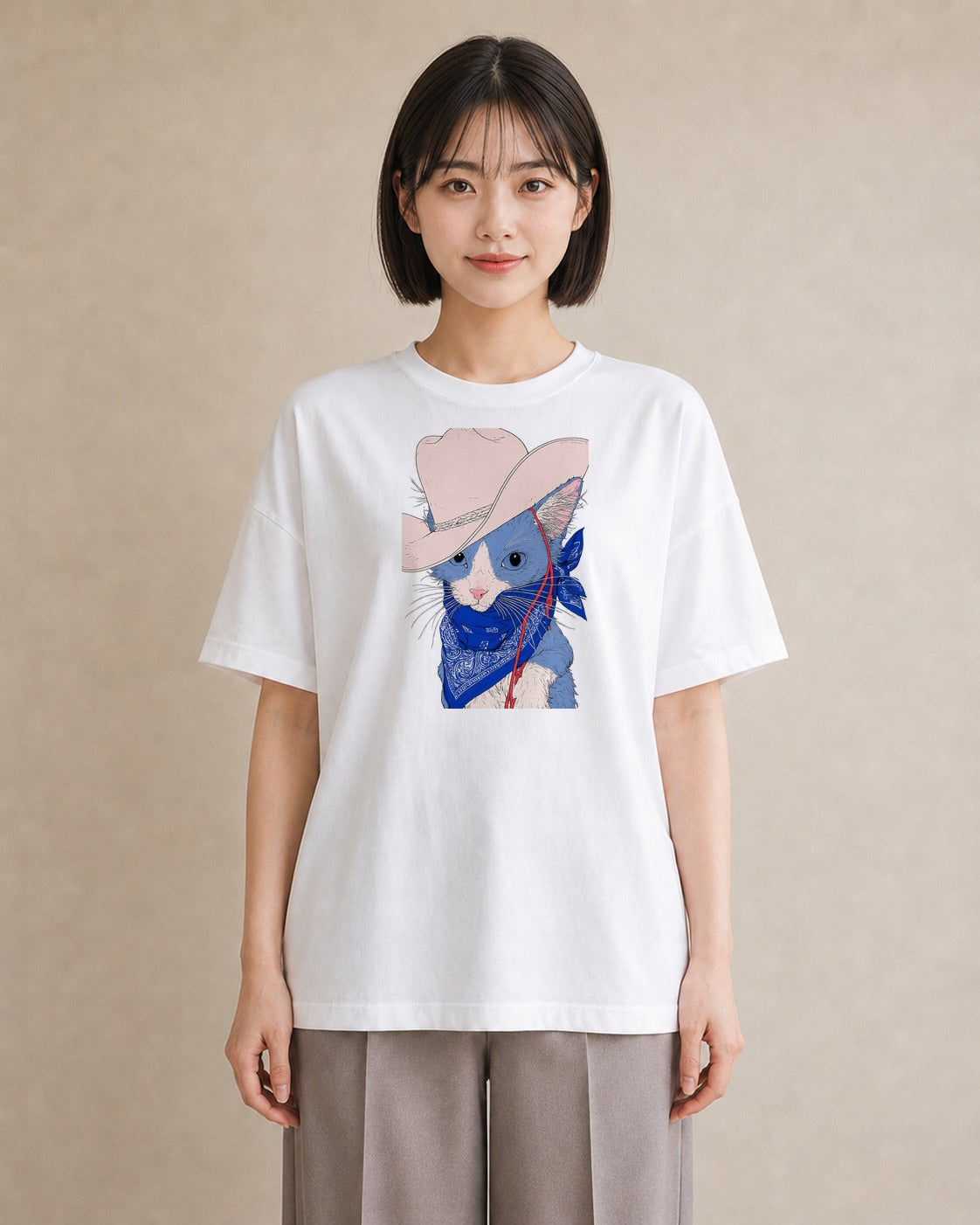 【受注生産】YMAZO Tシャツ レディース 半袖 ゆったり 猫 ねこ ネコ キャット 猫柄 白T 綿100% ホワイト M L 手描き ナチュラル 韓国っぽい リンクコーデ カジュアル プレゼント 父の日 春夏｜どうぶつ日和（大きめプリン