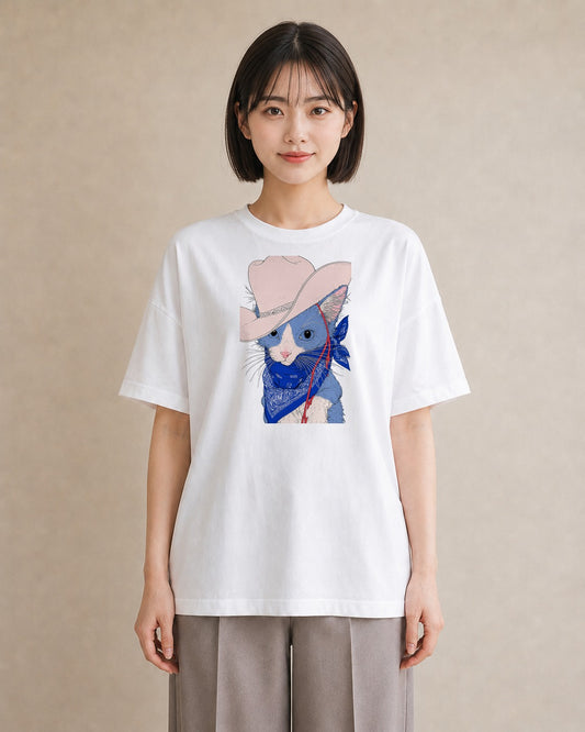 【受注生産】YMAZO Tシャツ レディース 半袖 ゆったり 猫 ねこ ネコ キャット 猫柄 白T 綿100% ホワイト M L 手描き ナチュラル 韓国っぽい リンクコーデ カジュアル プレゼント 父の日 春夏｜どうぶつ日和（大きめプリン