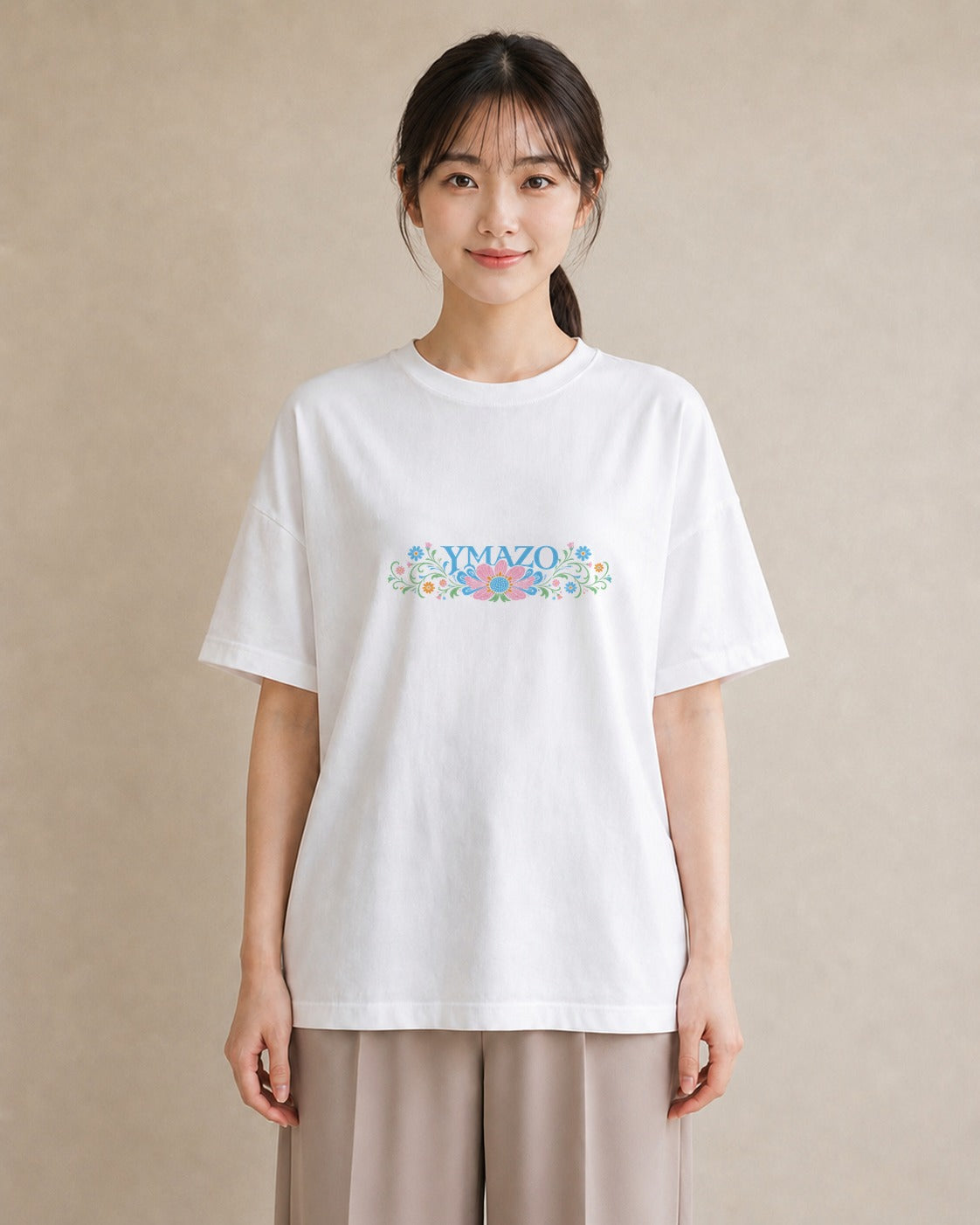 【受注生産】YMAZO Tシャツ レディース 半袖 オーバーサイズ 花柄 フローラル ボタニカル 花 ブーケ 白T 綿100% ホワイト M L 韓国っぽい 大人可愛い 水彩 カジュアル デート ギフト 春夏 プレゼ｜花便り（大きめプリント