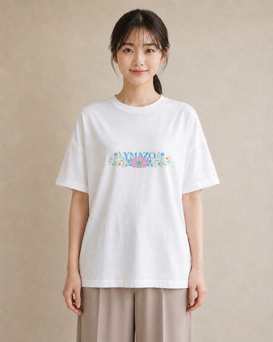 【受注生産】YMAZO Tシャツ レディース 半袖 オーバーサイズ 花柄 フローラル ボタニカル 花 ブーケ 白T 綿100% ホワイト M L 韓国っぽい 大人可愛い 水彩 カジュアル デート ギフト 春夏 プレゼ｜花便り（大きめプリント