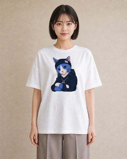 【受注生産】YMAZO Tシャツ レディース 半袖 ビッグシルエット 猫 ねこ ネコ キャット 猫柄 白T 綿100% ホワイト M L 韓国っぽい 手描き くすみカラー お出かけ デイリー 2026新作 父の日 初｜どうぶつ日和（大きめプ