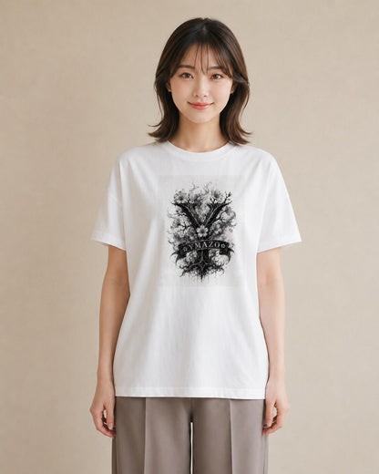 【受注生産】YMAZO Tシャツ レディース 半袖 ビッグT 花柄 フローラル ボタニカル 花 ブーケ 白T 綿100% ホワイト M L ナチュラル 手描き くすみカラー お出かけ 推し活 プレゼント 春夏 初夏｜Y字ロゴ（大きめプリント