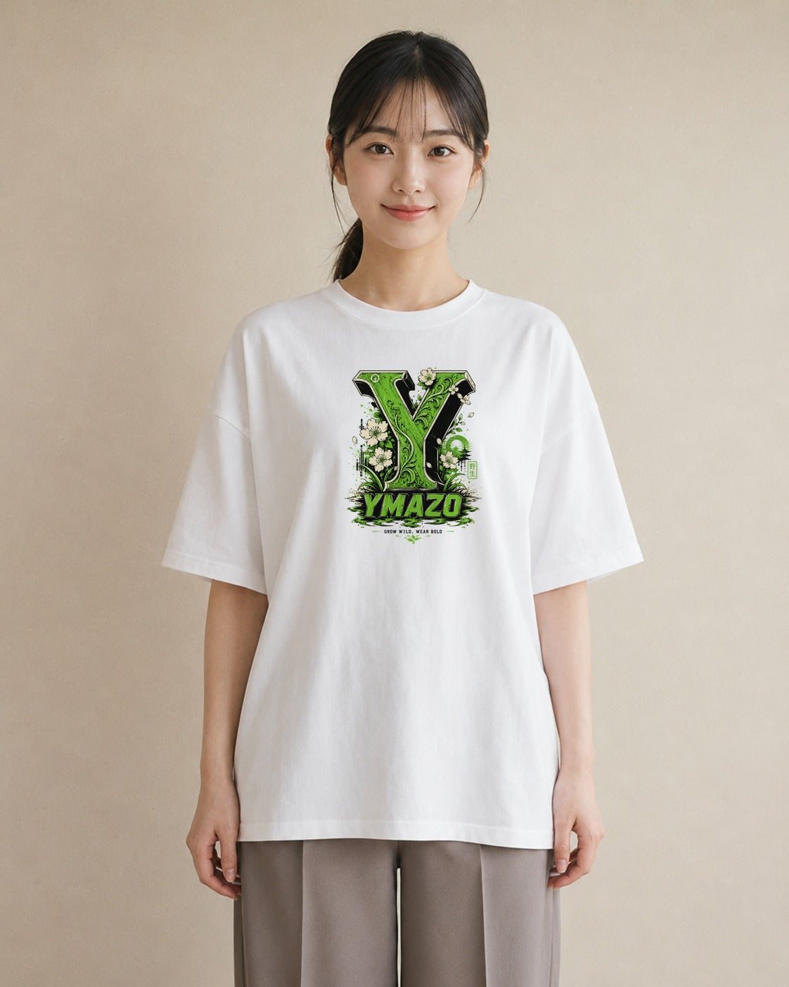 【受注生産】YMAZO Tシャツ レディース 半袖 オーバーサイズ いちご イチゴ 苺 ストロベリー フルーツ 白T 綿100% ホワイト M L 韓国っぽい フェミニン くすみカラー カジュアル デイリー ギフト｜Y字ロゴ（スタンダードプ