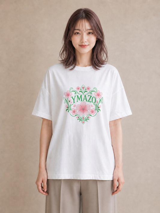 【受注生産】YMAZO Tシャツ レディース 半袖 オーバーサイズ 花柄 フローラル ボタニカル 花 ブーケ 白T 綿100% ホワイト M L フェミニン 韓国っぽい 手描き 通勤 カジュアル プレゼント 春夏 父｜花便り（大きめプリント