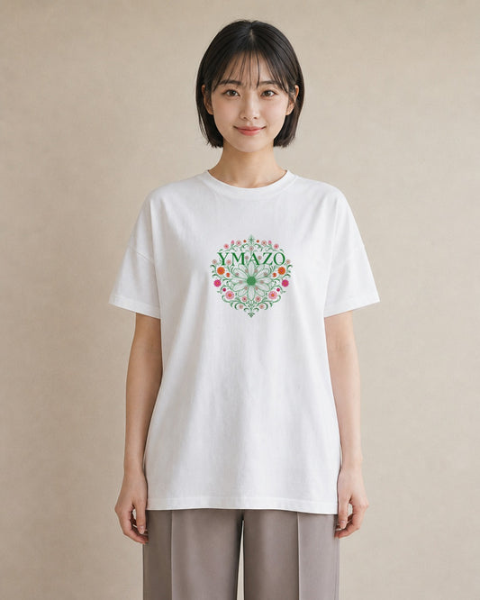 【受注生産】YMAZO Tシャツ レディース 半袖 オーバーサイズ 花柄 フローラル ボタニカル 花 ブーケ 白T 綿100% ホワイト M L ニュアンス 韓国っぽい フェミニン カジュアル デート 父の日 初夏｜花便り（大きめプリント 