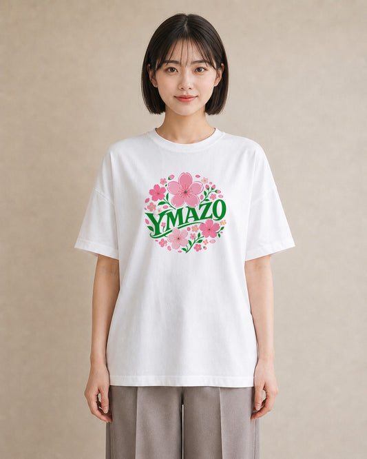 【受注生産】YMAZO Tシャツ レディース 半袖 ビッグシルエット 花柄 フローラル ボタニカル 花 ブーケ 白T 綿100% ホワイト M L 手描き 大人可愛い フェミニン 通勤 デート 2026新作 プレゼン｜花便り（大きめプリント