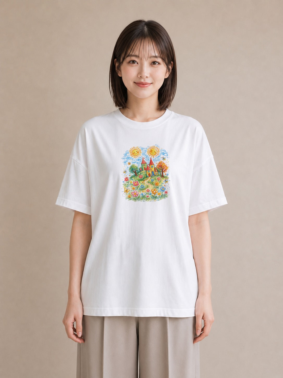 【受注生産】YMAZO Tシャツ レディース 半袖 オーバーサイズ 花 花柄 フラワー フローラル ボタニカル 白T 綿100% ホワイト M L フェミニン 大人可愛い 手描き 推し活 通勤 2026新作 プレゼン｜花便り（大きめプリント