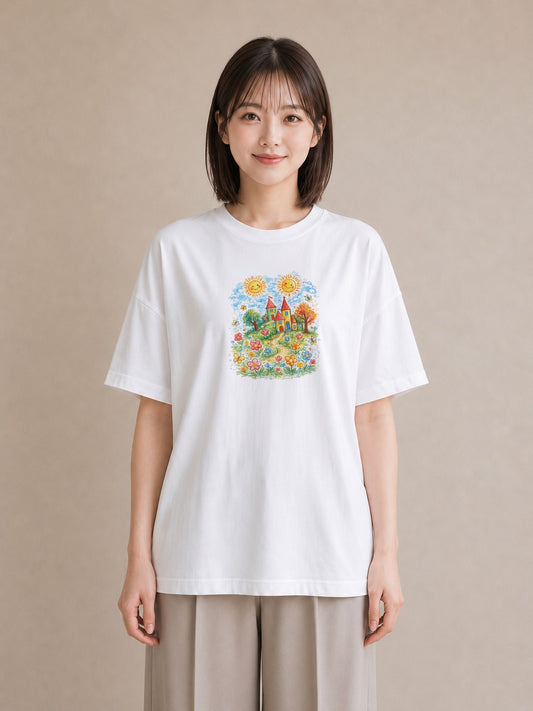 【受注生産】YMAZO Tシャツ レディース 半袖 オーバーサイズ 花 花柄 フラワー フローラル ボタニカル 白T 綿100% ホワイト M L フェミニン 大人可愛い 手描き 推し活 通勤 2026新作 プレゼン｜花便り（大きめプリント