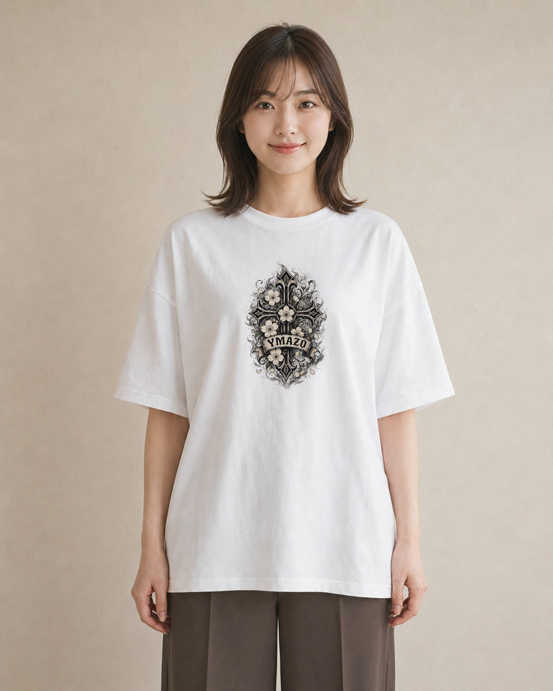 【受注生産】YMAZO Tシャツ レディース 半袖 ゆったり さくら 桜 チェリー サクラ 花 白T 綿100% ホワイト M L 大人可愛い ニュアンス フェミニン デート デイリー 初夏 父の日 春夏｜花あそび（スタンダードプリント 1