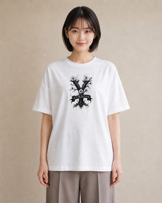 【受注生産】YMAZO Tシャツ レディース 半袖 ゆったり 花柄 フローラル ボタニカル 花 ブーケ 白T 綿100% ホワイト M L くすみカラー 韓国っぽい 大人可愛い リンクコーデ カジュアル 父の日 初夏｜イニシャルY（大きめプ