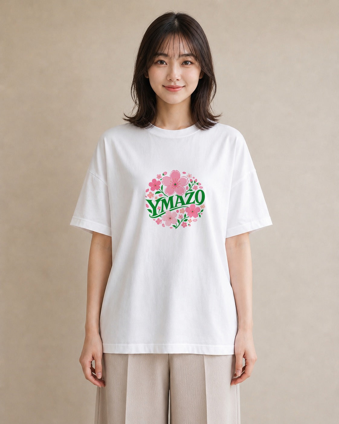 【受注生産】YMAZO Tシャツ レディース 半袖 ビッグシルエット 花柄 フローラル ボタニカル 花 ブーケ 白T 綿100% ホワイト M L 手描き 大人可愛い フェミニン 通勤 デート 2026新作 プレゼン｜花便り（大きめプリント