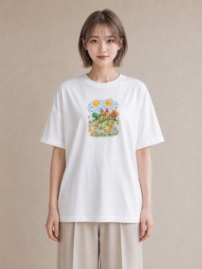 【受注生産】YMAZO Tシャツ レディース 半袖 オーバーサイズ 花 花柄 フラワー フローラル ボタニカル 白T 綿100% ホワイト M L フェミニン 大人可愛い 手描き 推し活 通勤 2026新作 プレゼン｜花便り（スタンダードプ