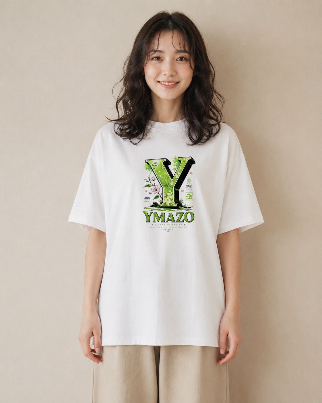 【受注生産】YMAZO Tシャツ レディース 半袖 オーバーサイズ 花柄 フローラル ボタニカル 花 ブーケ 白T 綿100% ホワイト M L ナチュラル フェミニン くすみカラー リンクコーデ お出かけ 初夏 プ｜Y字ロゴ（大きめプリン